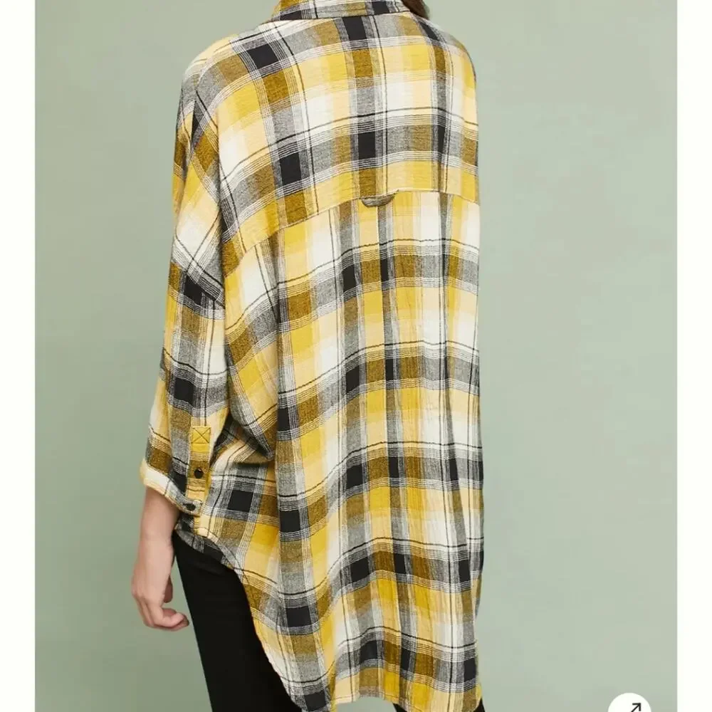 Maeve Anthropologie Plaid Flannel Tunic Floral Embroidered Oversized Shirt XS - Picture 3 of 12
